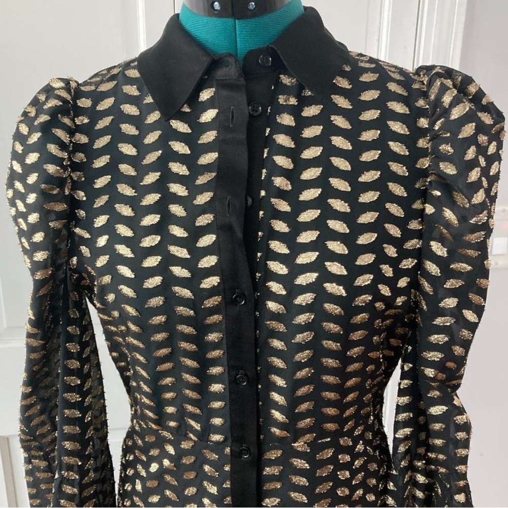 Zara Puff Long Lantern Sleeve Gold Leaf On Black Maxi Dress XS - Picture 9 of 16